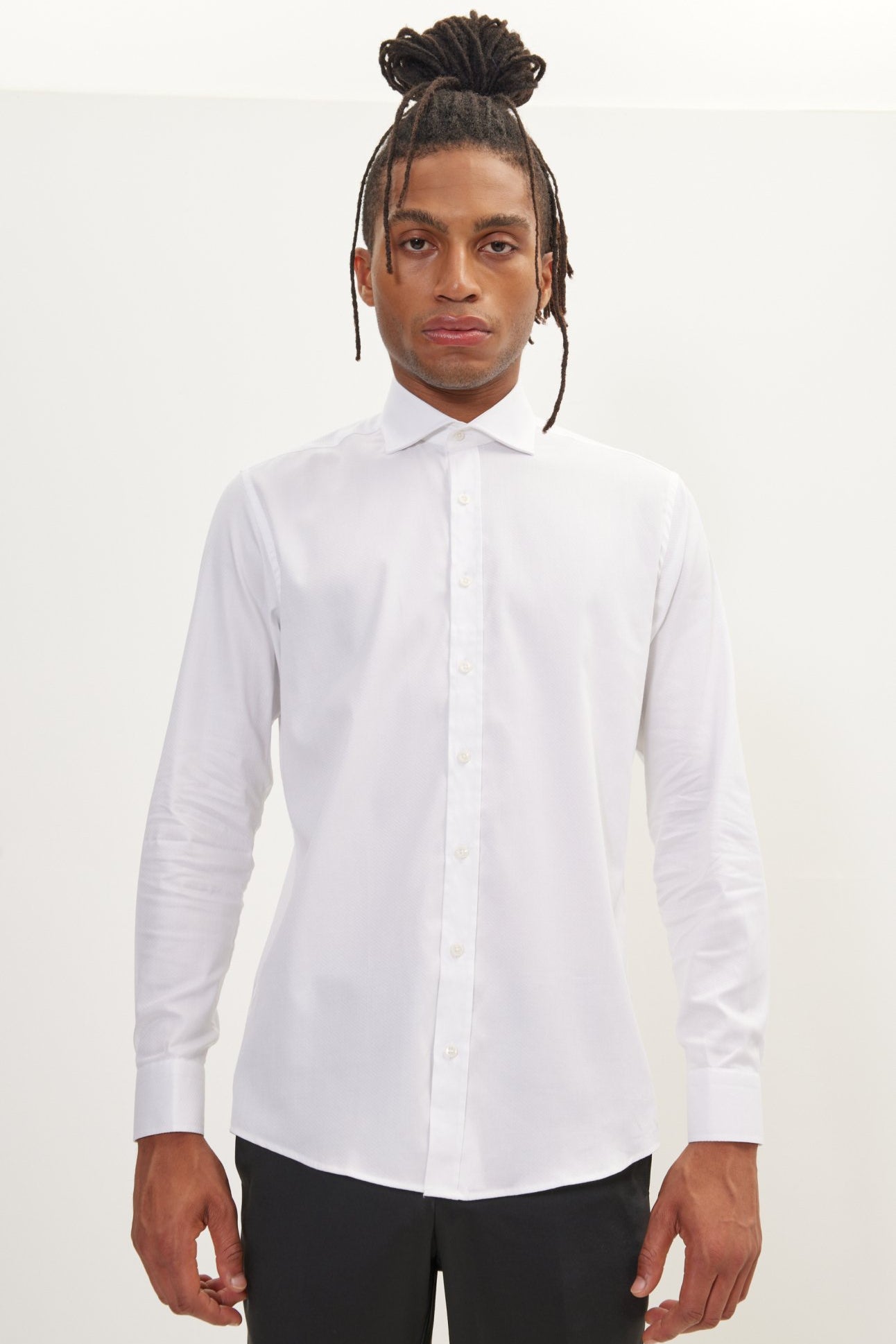Pure Cotton Front Placket Spread Collar Dress Shirt - White - Ron Tomson
