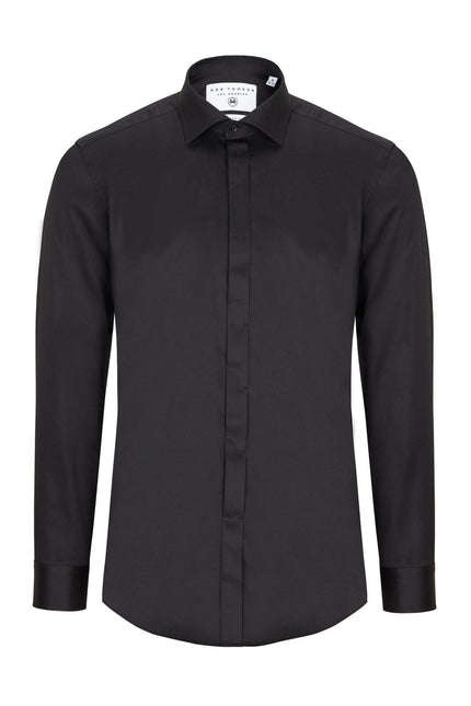 Pure Cotton Hidden Placket Dress Shirt - Black - Ron Tomson