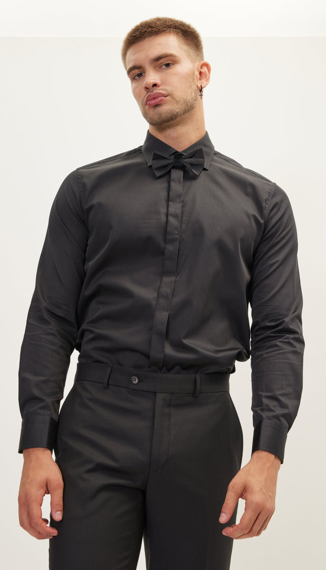 Pure Cotton Hidden Placket Dress Shirt - Black - Ron Tomson