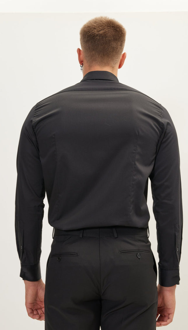 Pure Cotton Hidden Placket Dress Shirt - Black - Ron Tomson