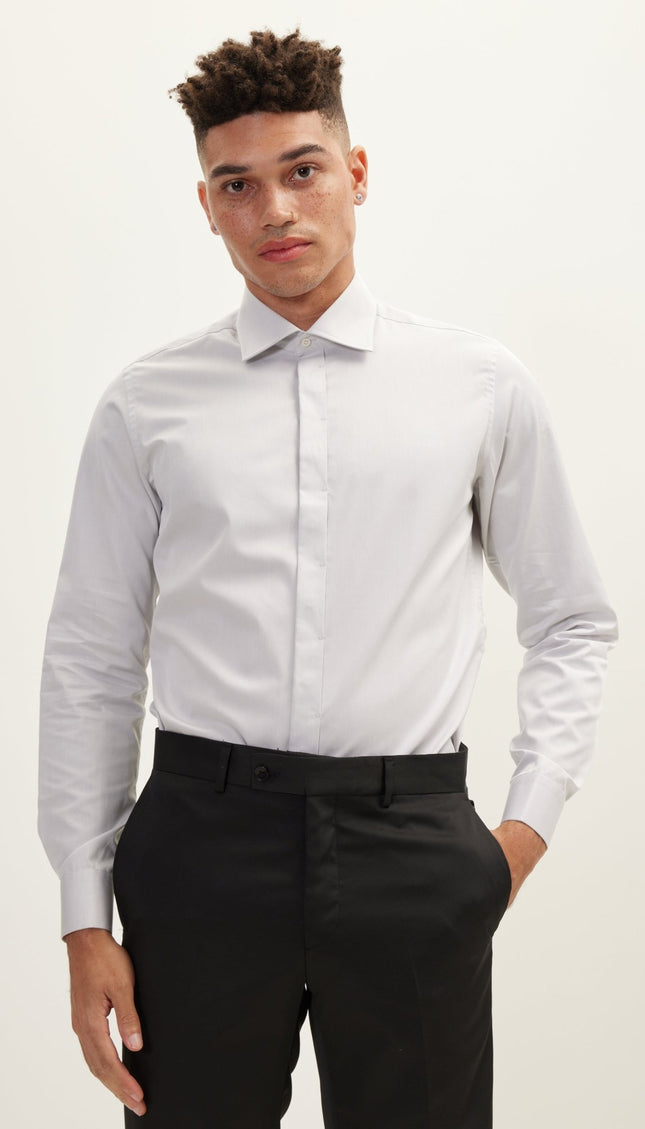 Pure Cotton Hidden Placket Dress Shirt - Grey - Ron Tomson
