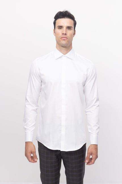 Pure Cotton Hidden Placket Shirt - Optic White - Ron Tomson