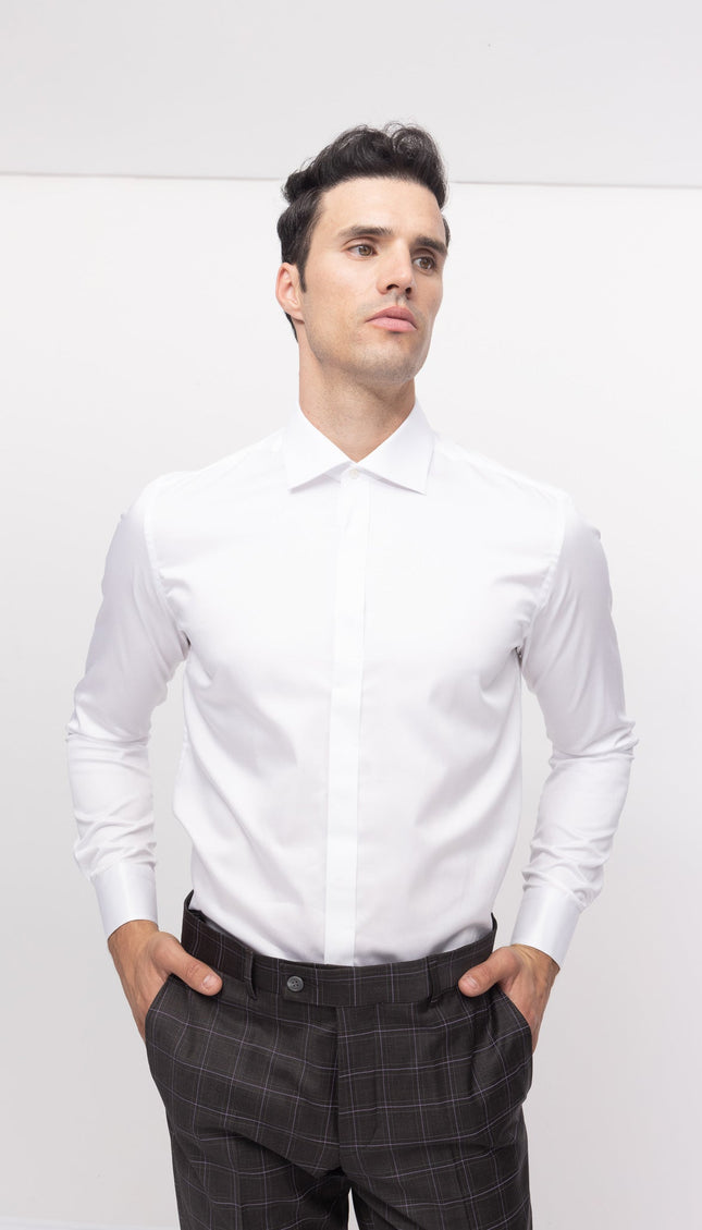 Pure Cotton Hidden Placket Shirt - Optic White - Ron Tomson