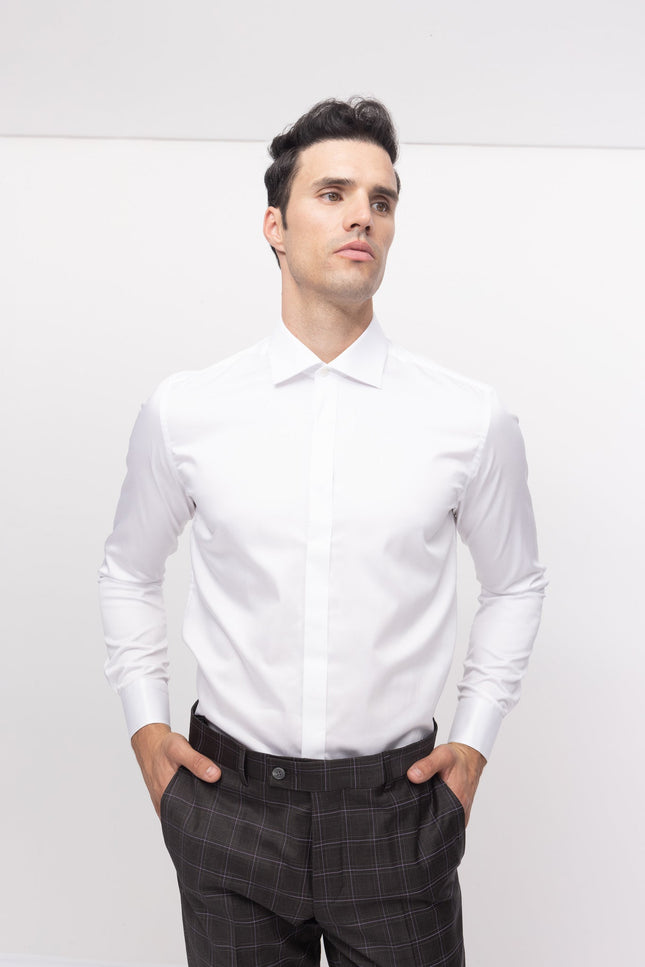 Pure Cotton Hidden Placket Shirt - Optic White - Ron Tomson