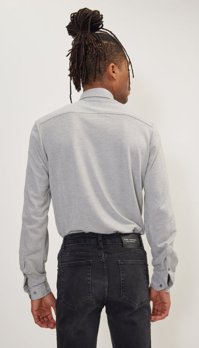 Pure Cotton Knit Travel Shirt - Grey Melange - Ron Tomson