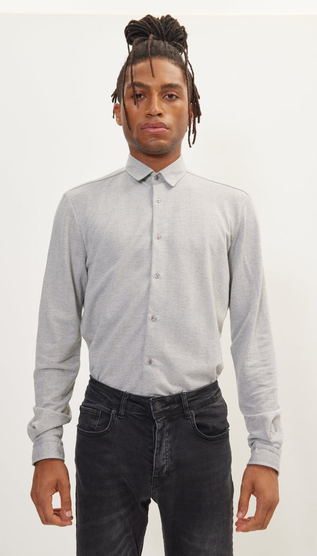 Pure Cotton Knit Travel Shirt - Grey Melange - Ron Tomson