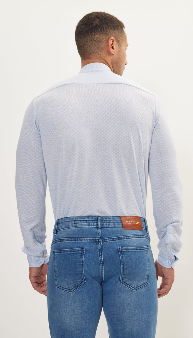 Pure Cotton Knit Travel Shirt- Light Blue & White Honeycomb Jacquard - Ron Tomson