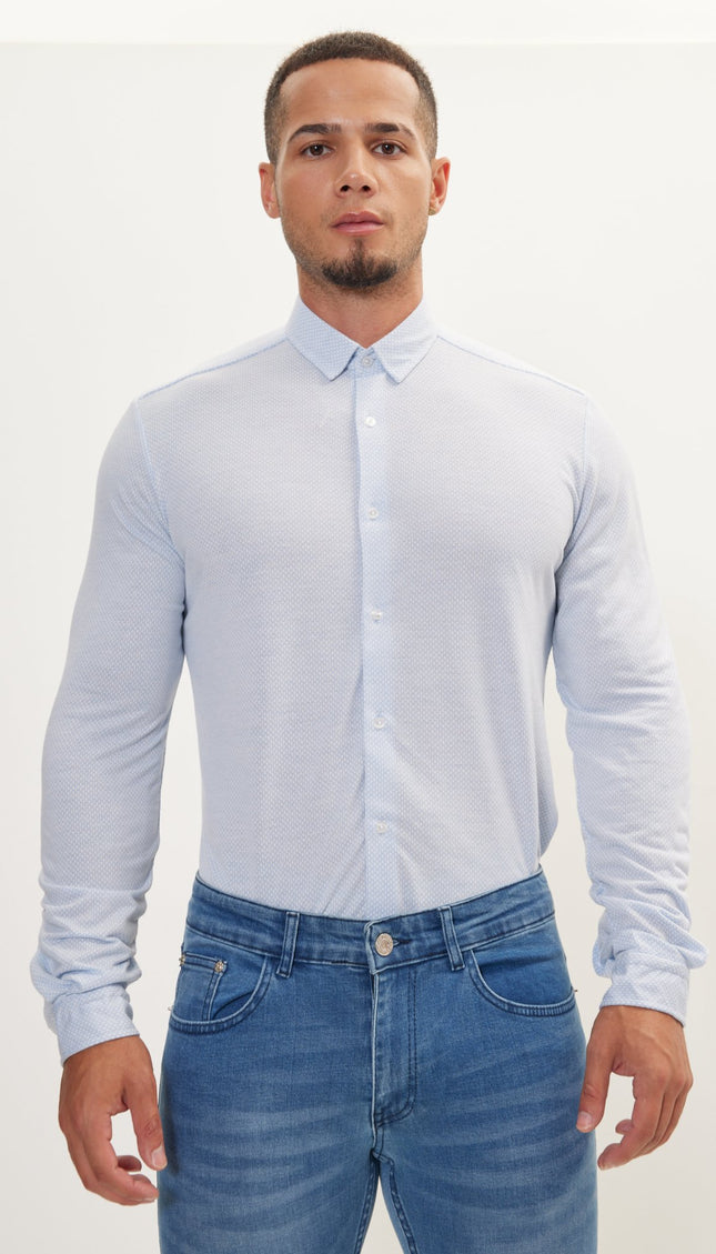 Pure Cotton Knit Travel Shirt- Light Blue & White Honeycomb Jacquard - Ron Tomson