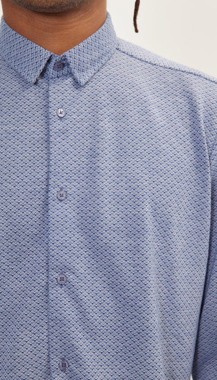 Pure Cotton Knit Travel Shirt - Navy White Jacquard - Ron Tomson