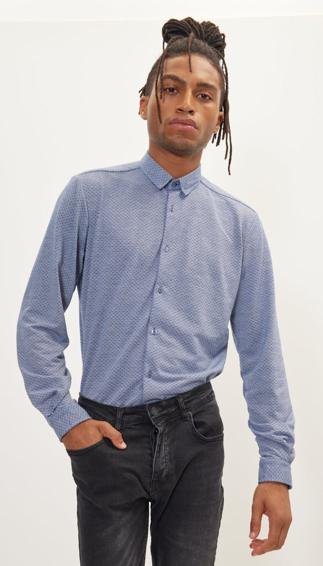 Pure Cotton Knit Travel Shirt - Navy White Jacquard - Ron Tomson