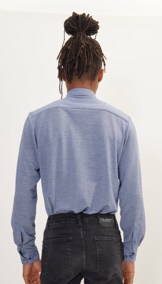 Pure Cotton Knit Travel Shirt - Navy White Jacquard - Ron Tomson