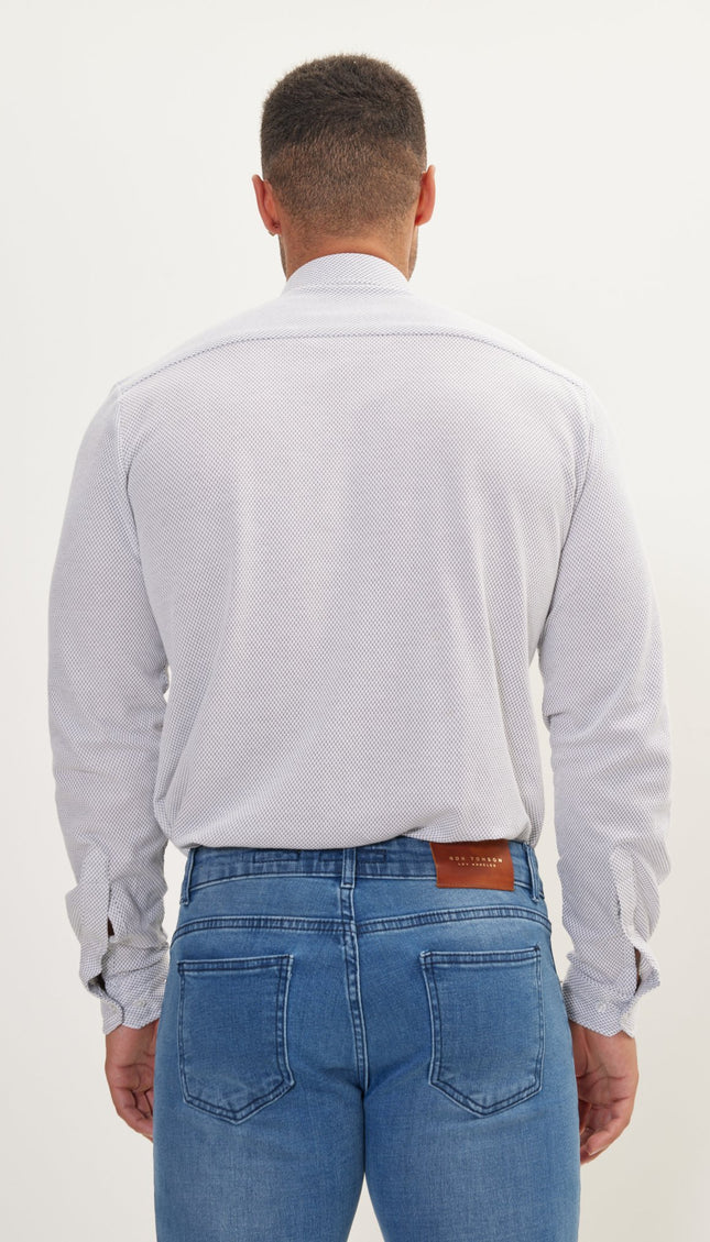 Pure Cotton Knit Travel Shirt - White Honeycomb Jacquard - Ron Tomson