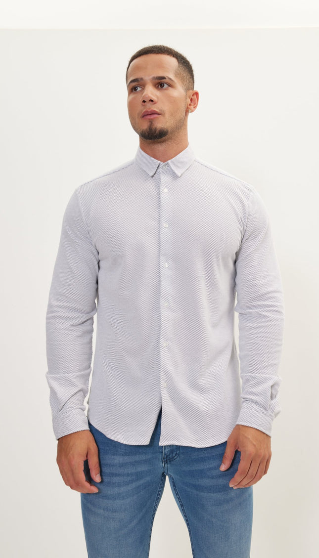 Pure Cotton Knit Travel Shirt - White Honeycomb Jacquard - Ron Tomson