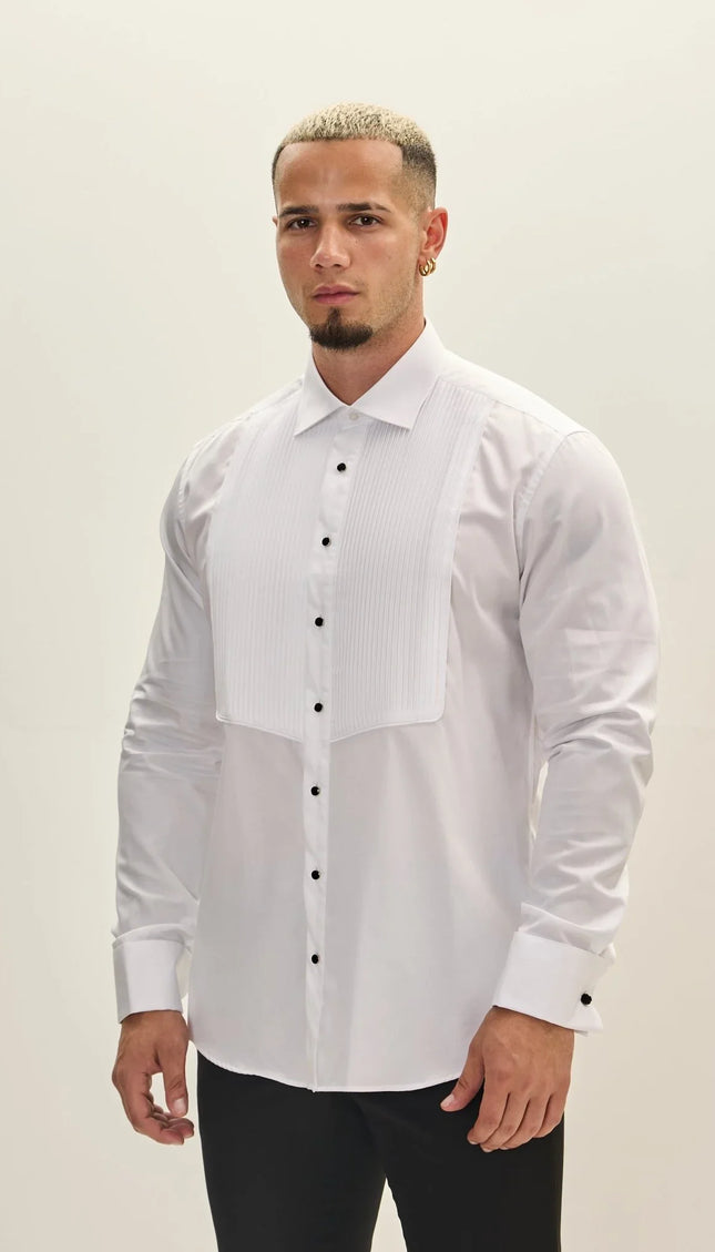 Pure Cotton Pleated Classic Collar Tuxedo Shirt - White - Ron Tomson