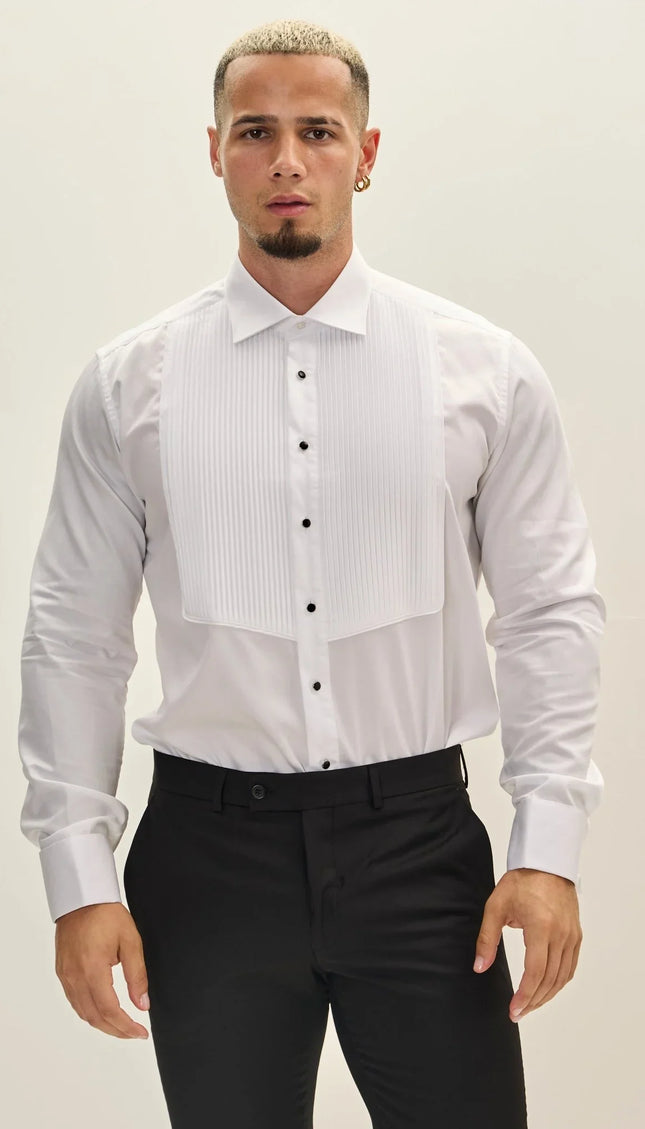 Pure Cotton Pleated Classic Collar Tuxedo Shirt - White - Ron Tomson