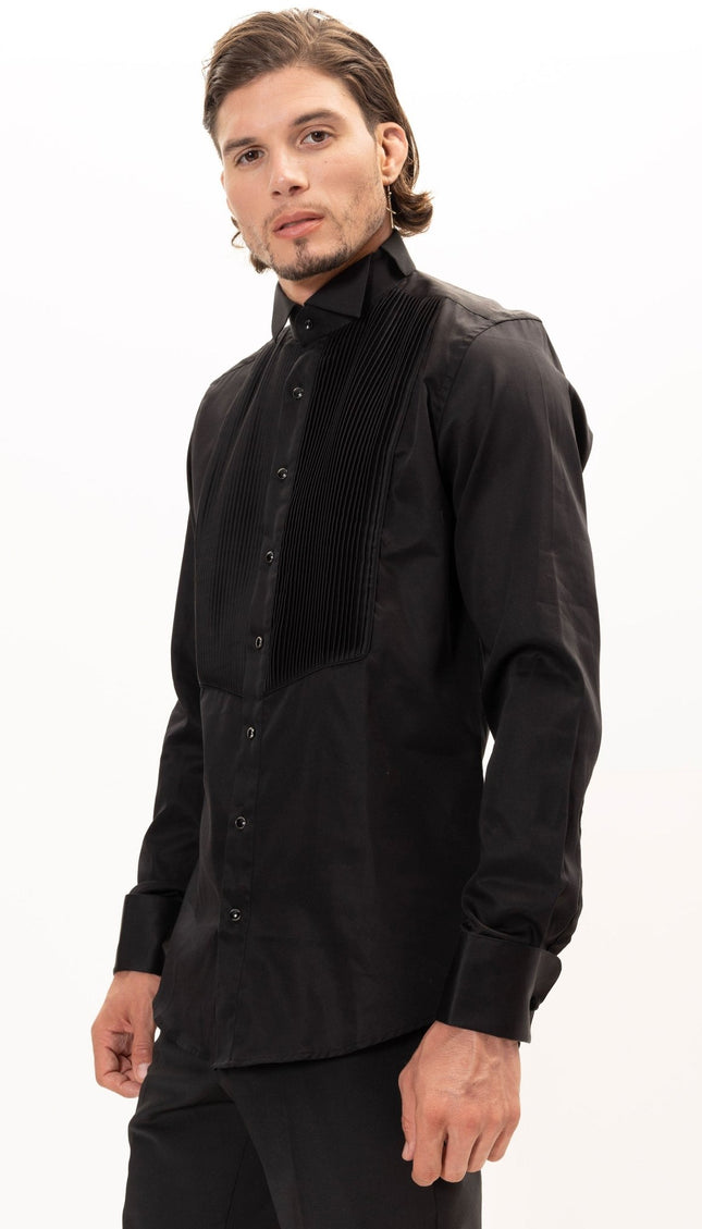 Pure Cotton Pleated Wing Tip Collar Shirt - Black Black - Ron Tomson