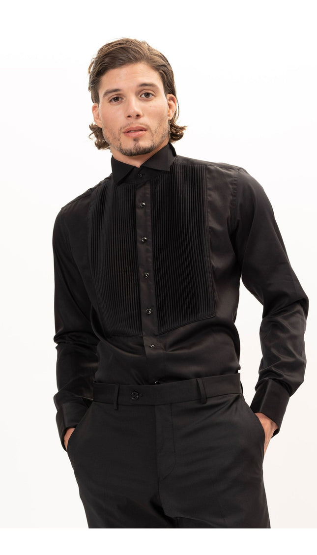 Pure Cotton Pleated Wing Tip Collar Shirt - Black Black - Ron Tomson