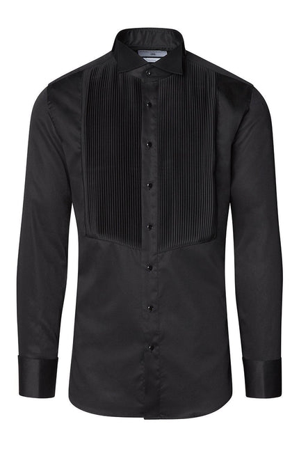 Pure Cotton Pleated Wing Tip Collar Shirt - Black Black - Ron Tomson