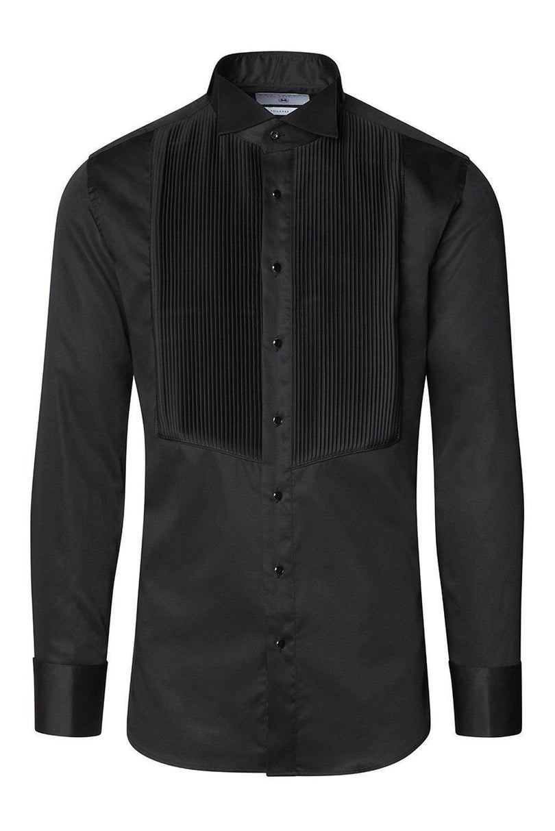 Pure Cotton Pleated Wing Tip Collar Shirt - Black Black - Ron Tomson