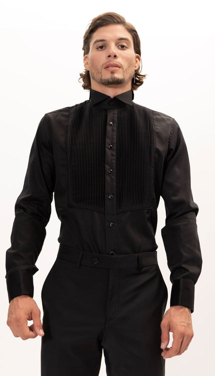 Pure Cotton Pleated Wing Tip Collar Shirt - Black Black - Ron Tomson