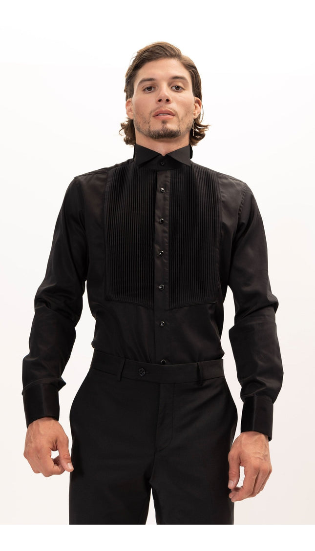 Pure Cotton Pleated Wing Tip Collar Shirt - Black Black - Ron Tomson