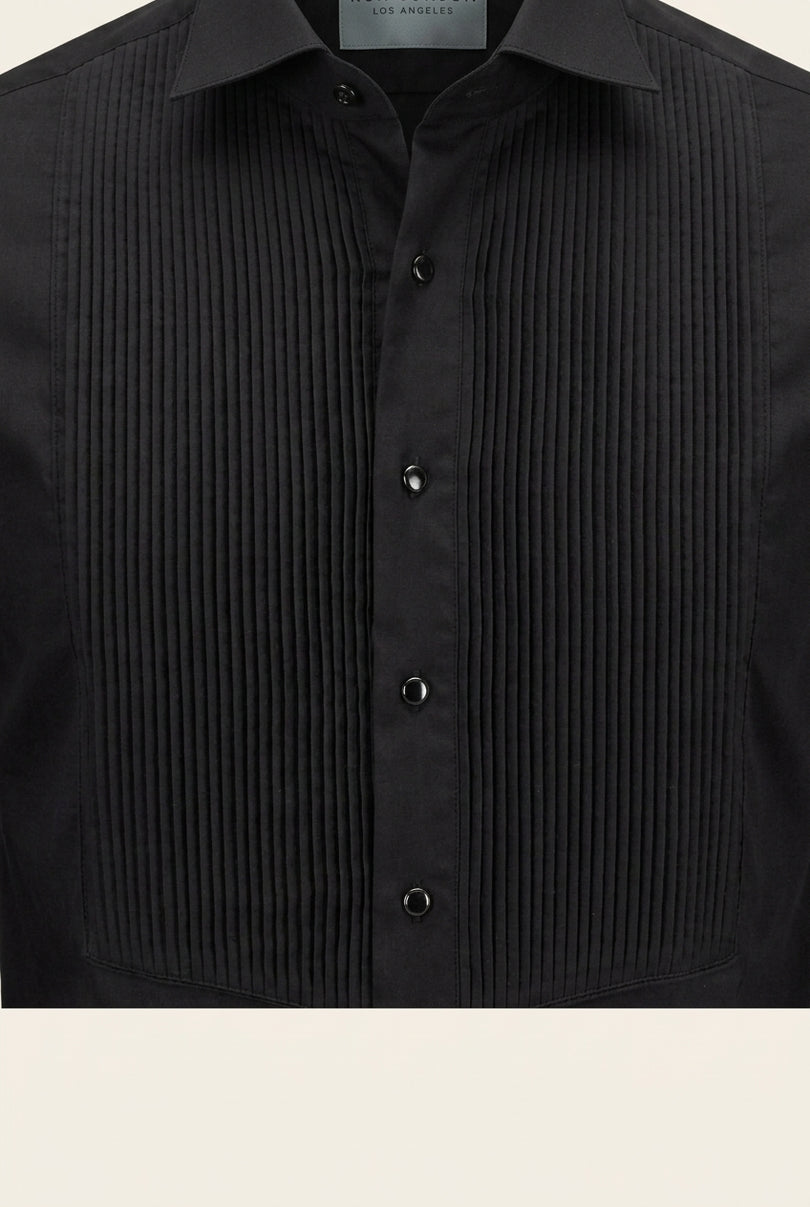 Pure Cotton Pleated Wing Tip Collar Shirt - Black Black - Detail