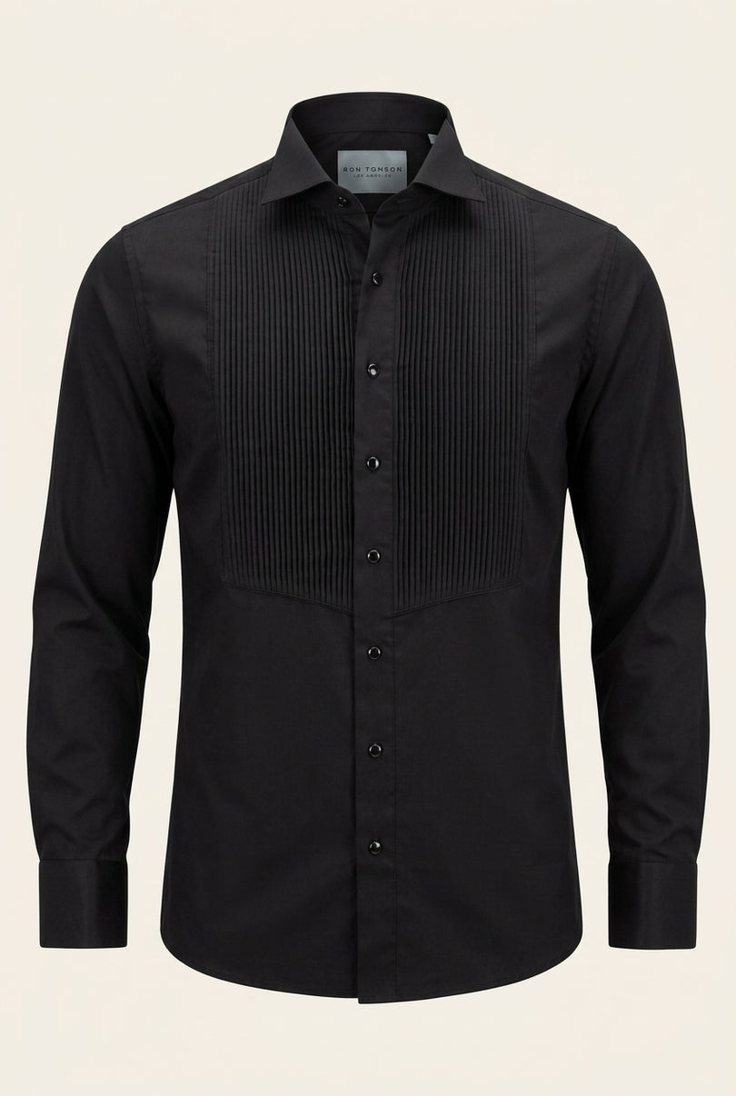 Pure Cotton Pleated Wing Tip Collar Shirt - Black Black - Front