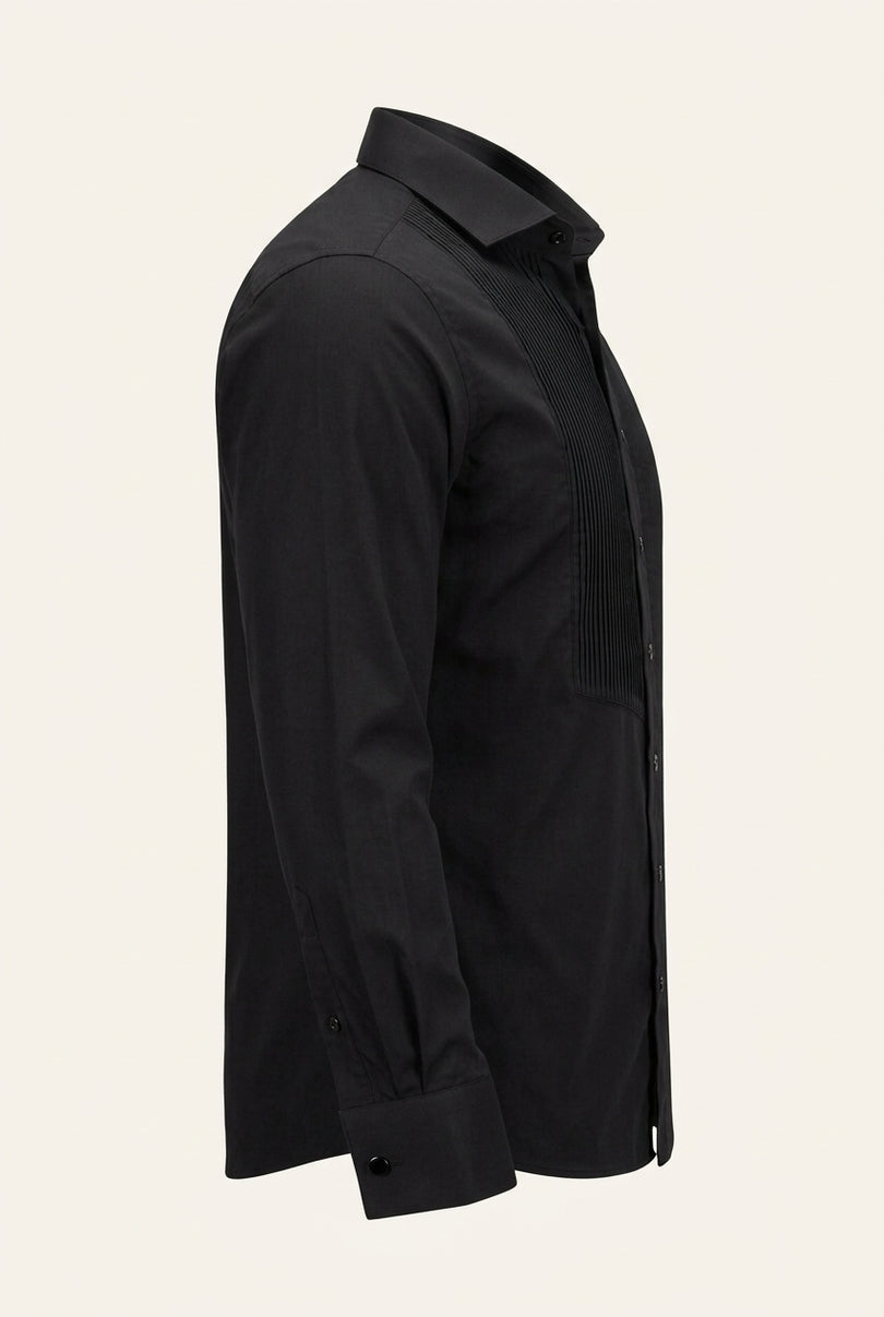 Pure Cotton Pleated Wing Tip Collar Shirt - Black Black - Side