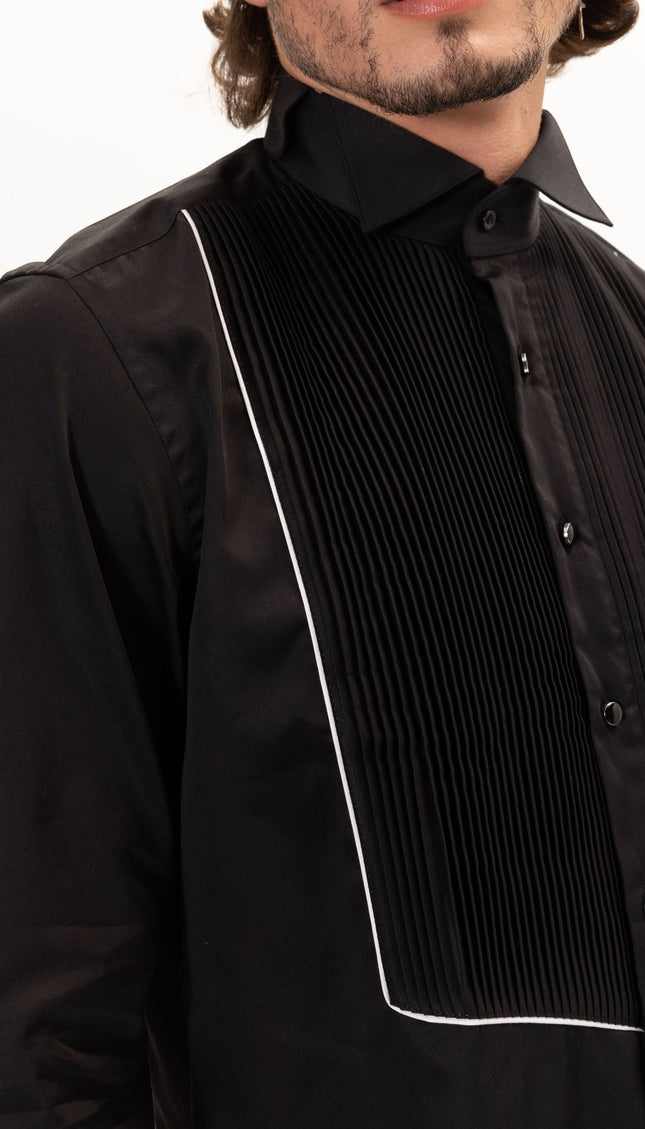 Pure Cotton Pleated Wing Tip Collar Shirt - Black White - Ron Tomson