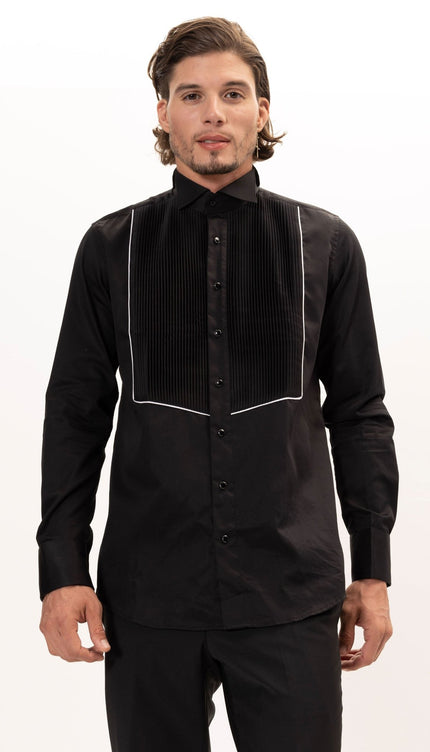 Pure Cotton Pleated Wing Tip Collar Shirt - Black White - Ron Tomson