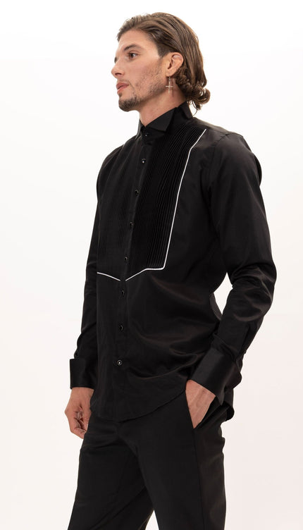 Pure Cotton Pleated Wing Tip Collar Shirt - Black White - Ron Tomson