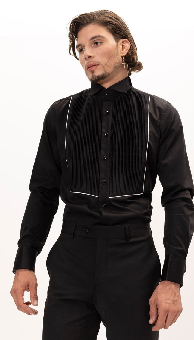 Pure Cotton Pleated Wing Tip Collar Shirt - Black White - Ron Tomson
