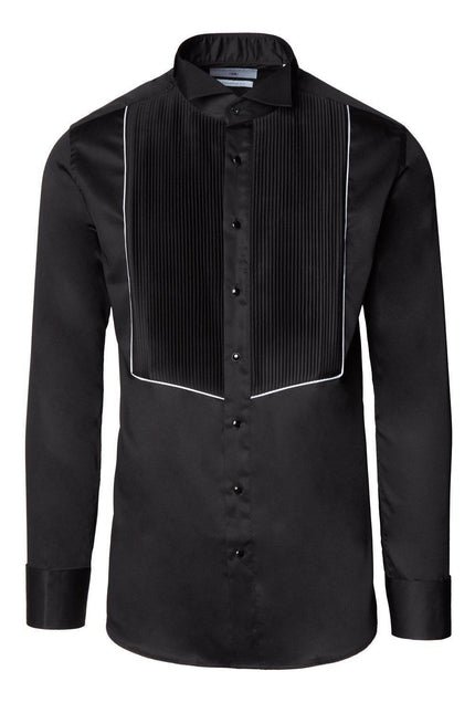 Pure Cotton Pleated Wing Tip Collar Shirt - Black White - Ron Tomson