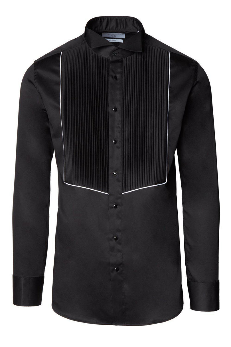 Pure Cotton Pleated Wing Tip Collar Shirt - Black White - Ron Tomson