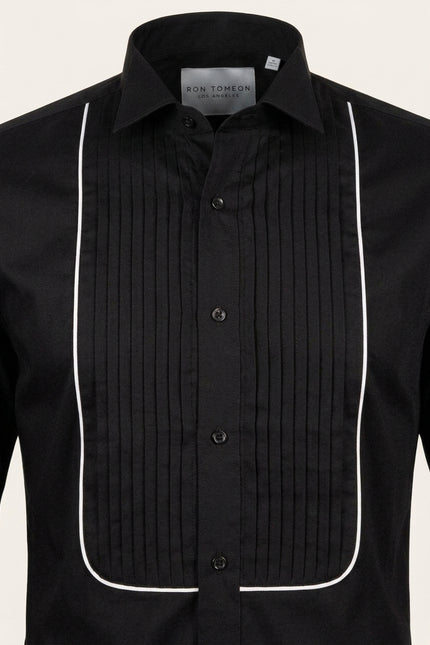 Pure Cotton Pleated Wing Tip Collar Shirt - Black White - Detail