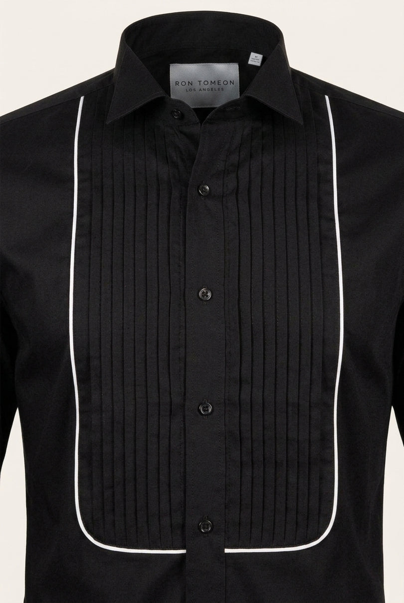 Pure Cotton Pleated Wing Tip Collar Shirt - Black White - Detail