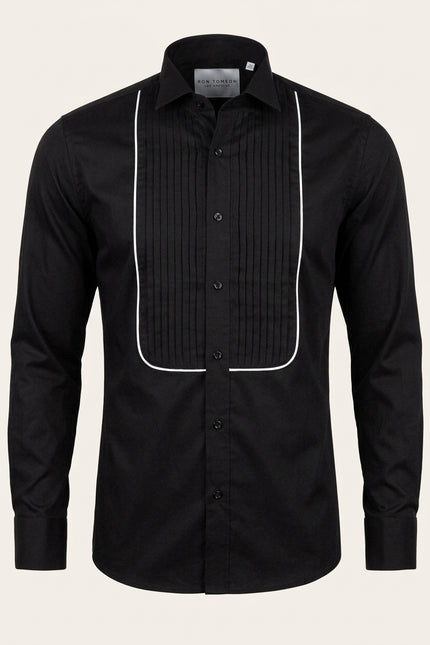 Pure Cotton Pleated Wing Tip Collar Shirt - Black White - Front