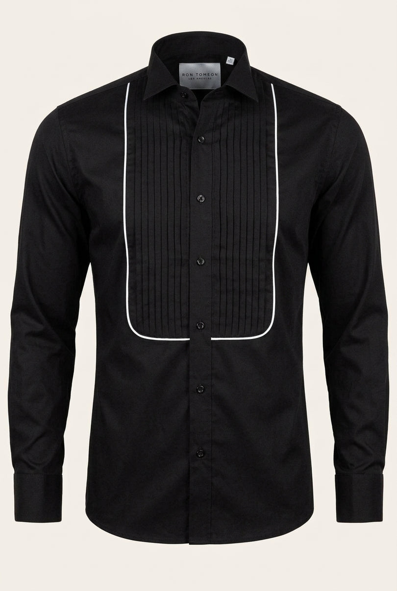 Pure Cotton Pleated Wing Tip Collar Shirt - Black White - Front