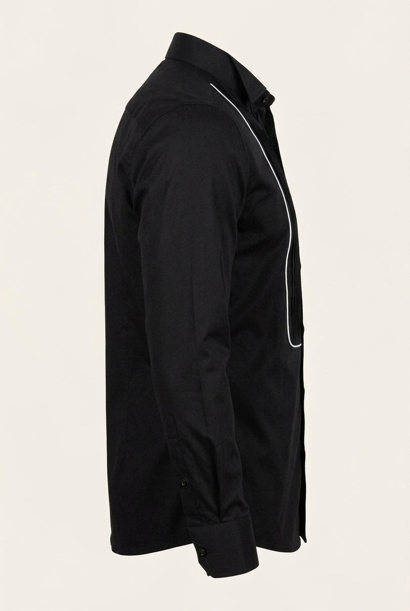 Pure Cotton Pleated Wing Tip Collar Shirt - Black White - Side