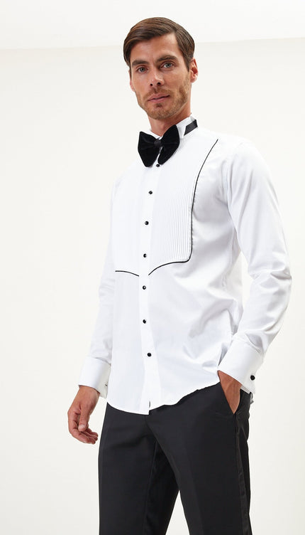 Pure Cotton Pleated Wing Tip Collar Shirt - White Black - Ron Tomson