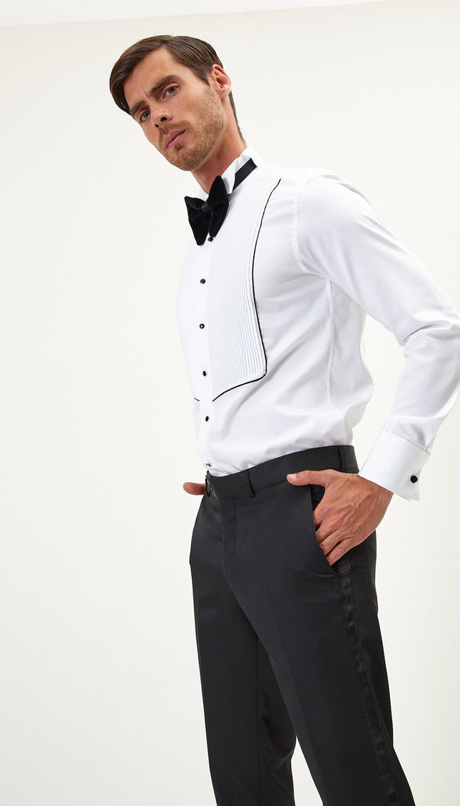 Pure Cotton Pleated Wing Tip Collar Shirt - White Black - Ron Tomson