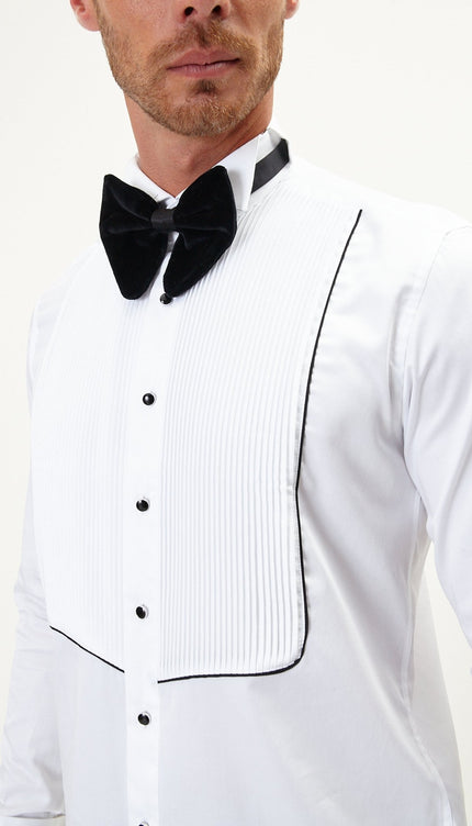 Pure Cotton Pleated Wing Tip Collar Shirt - White Black - Ron Tomson