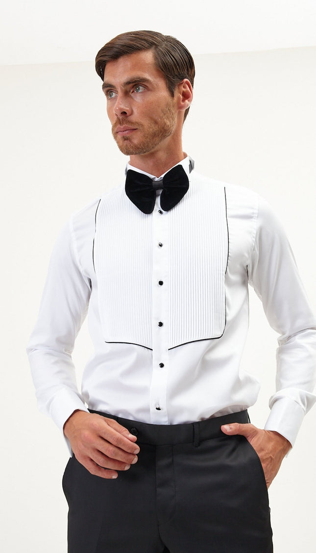 Pure Cotton Pleated Wing Tip Collar Shirt - White Black - Ron Tomson