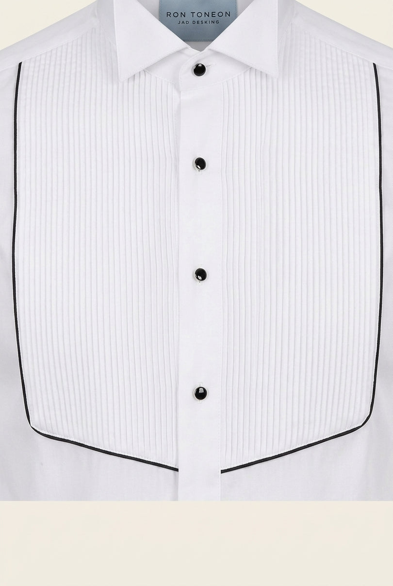 Pure Cotton Pleated Wing Tip Collar Shirt - White Black - Detail