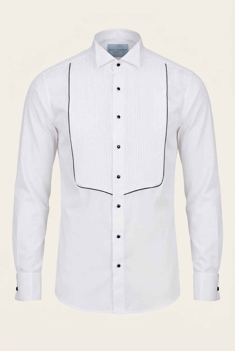 Pure Cotton Pleated Wing Tip Collar Shirt - White Black - Front