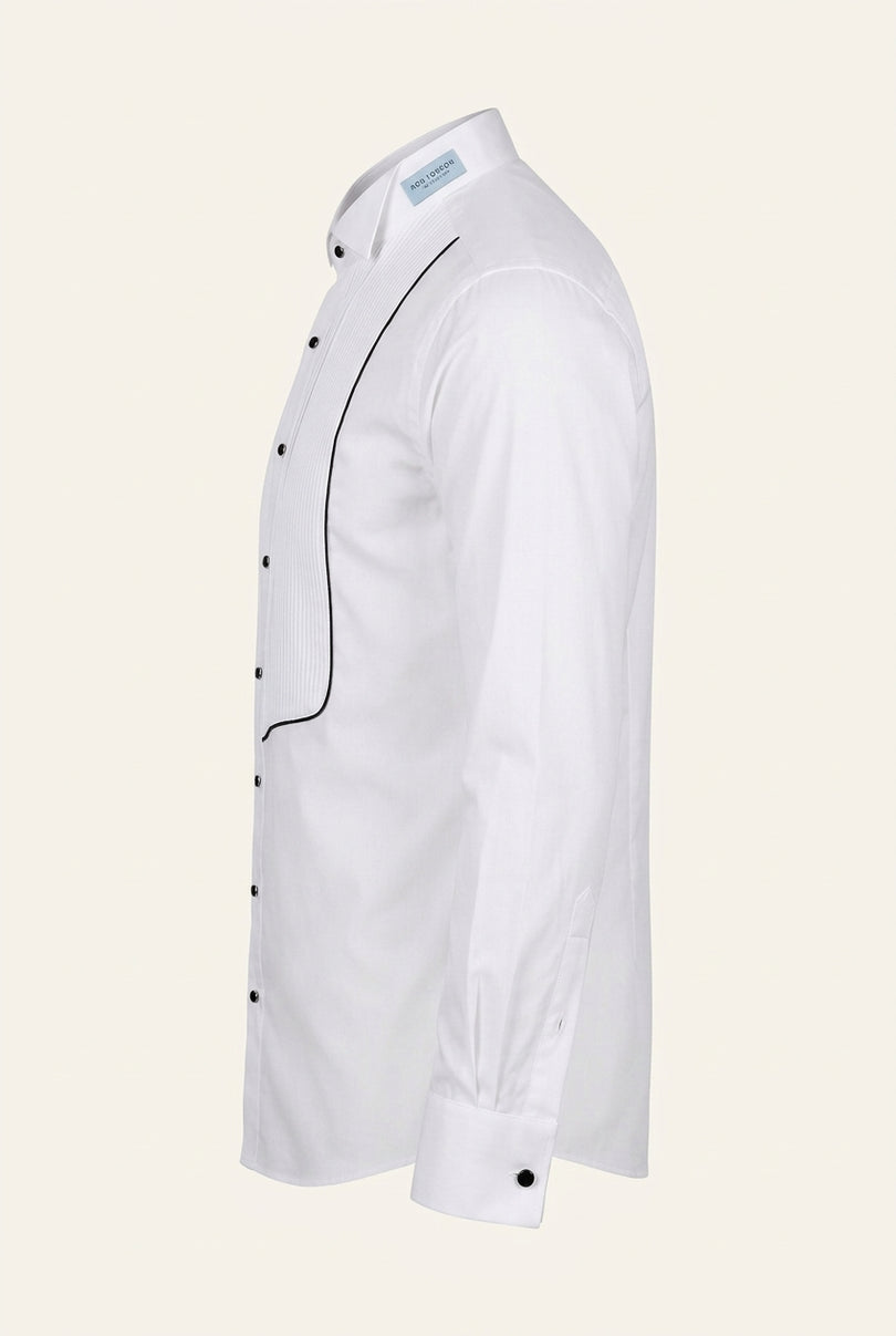 Pure Cotton Pleated Wing Tip Collar Shirt - White Black - Side