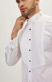 Pure Cotton Pleated Wing Tip Collar Shirt - White White - Ron Tomson