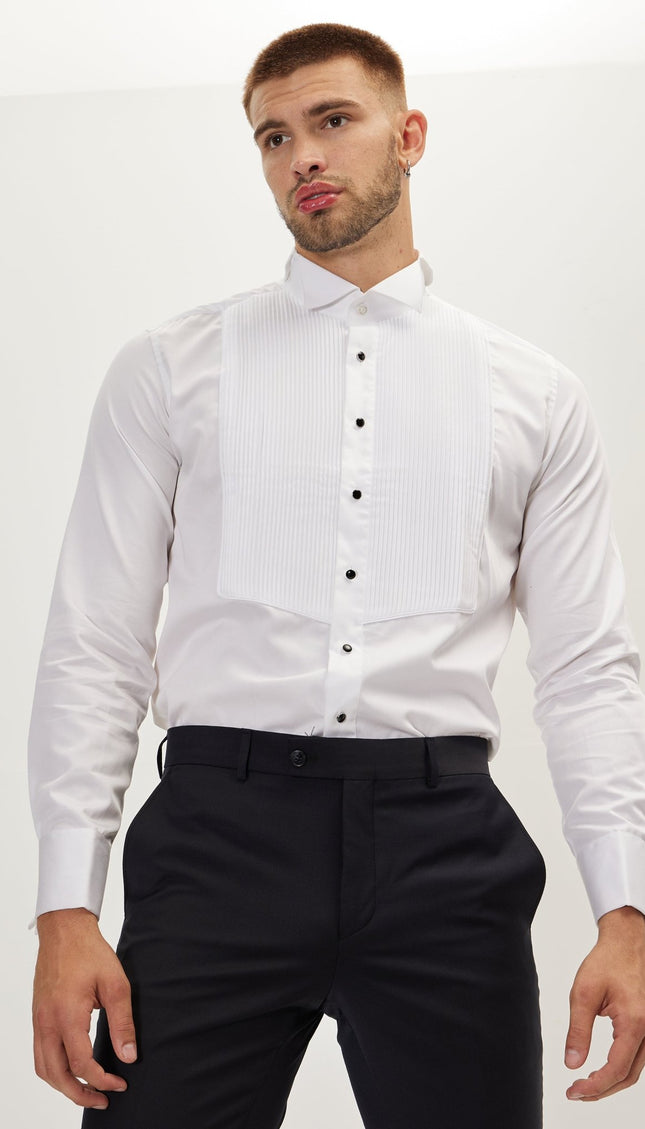 Pure Cotton Pleated Wing Tip Collar Shirt - White White - Ron Tomson