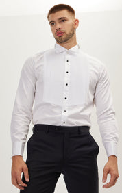 Pure Cotton Pleated Wing Tip Collar Shirt - White White - Ron Tomson
