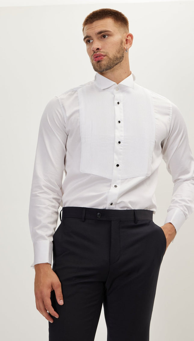 Pure Cotton Pleated Wing Tip Collar Shirt - White White - Ron Tomson